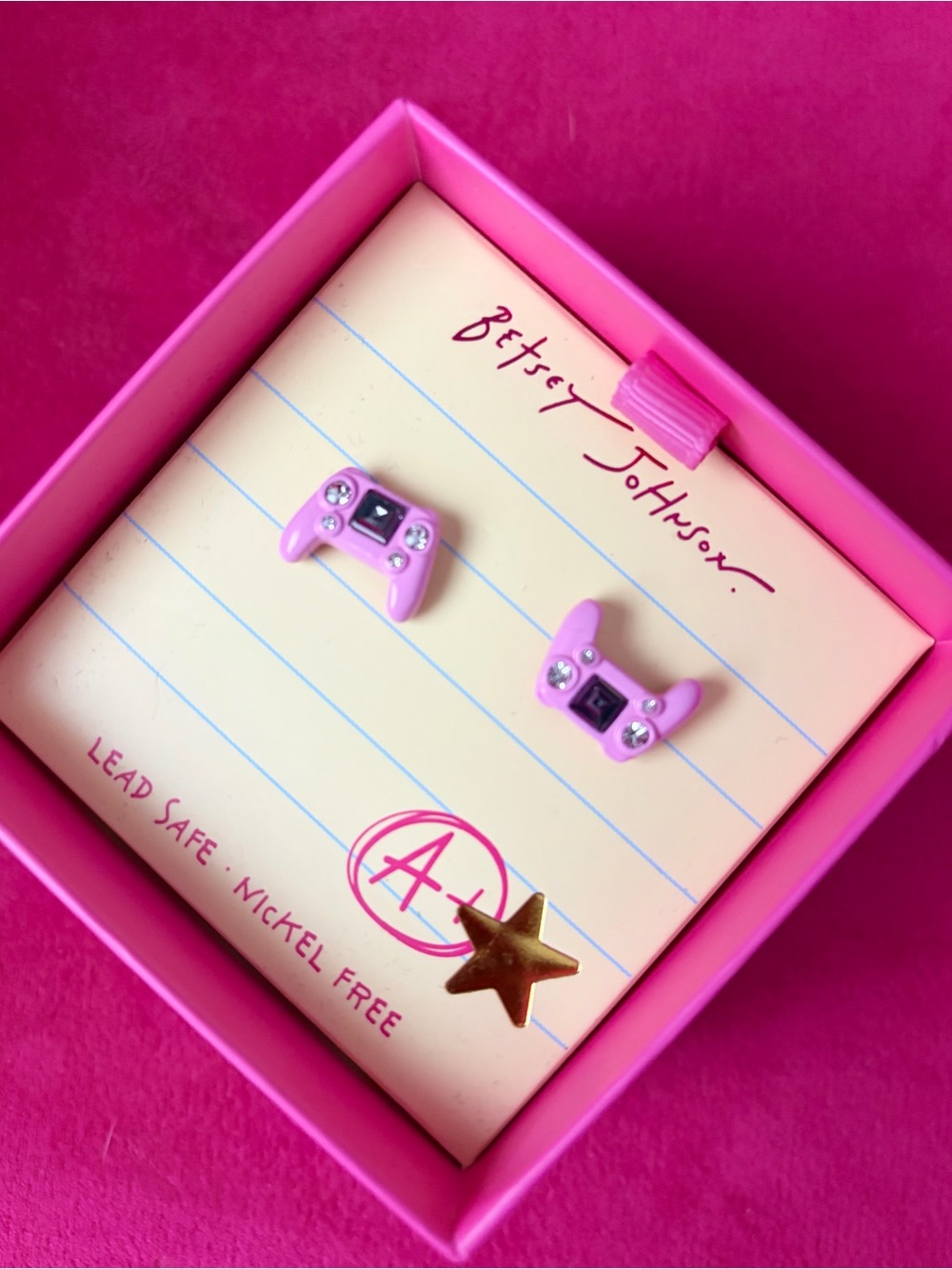 NWT Viral Betsey Johnson Pink Video Game Controller Earrings Crystal Accents